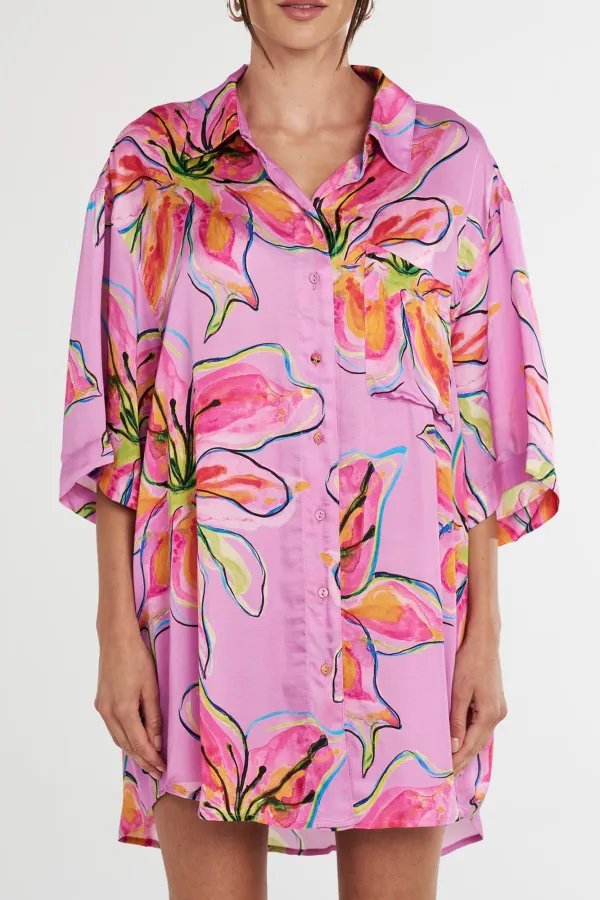 Lazy Vacation Style Lilac Lily Long-Sleeved Shirt