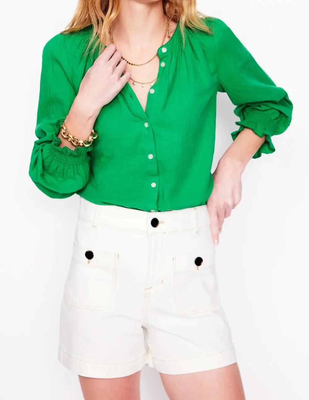 Emerald Green Puff - Sleeve Button - Up