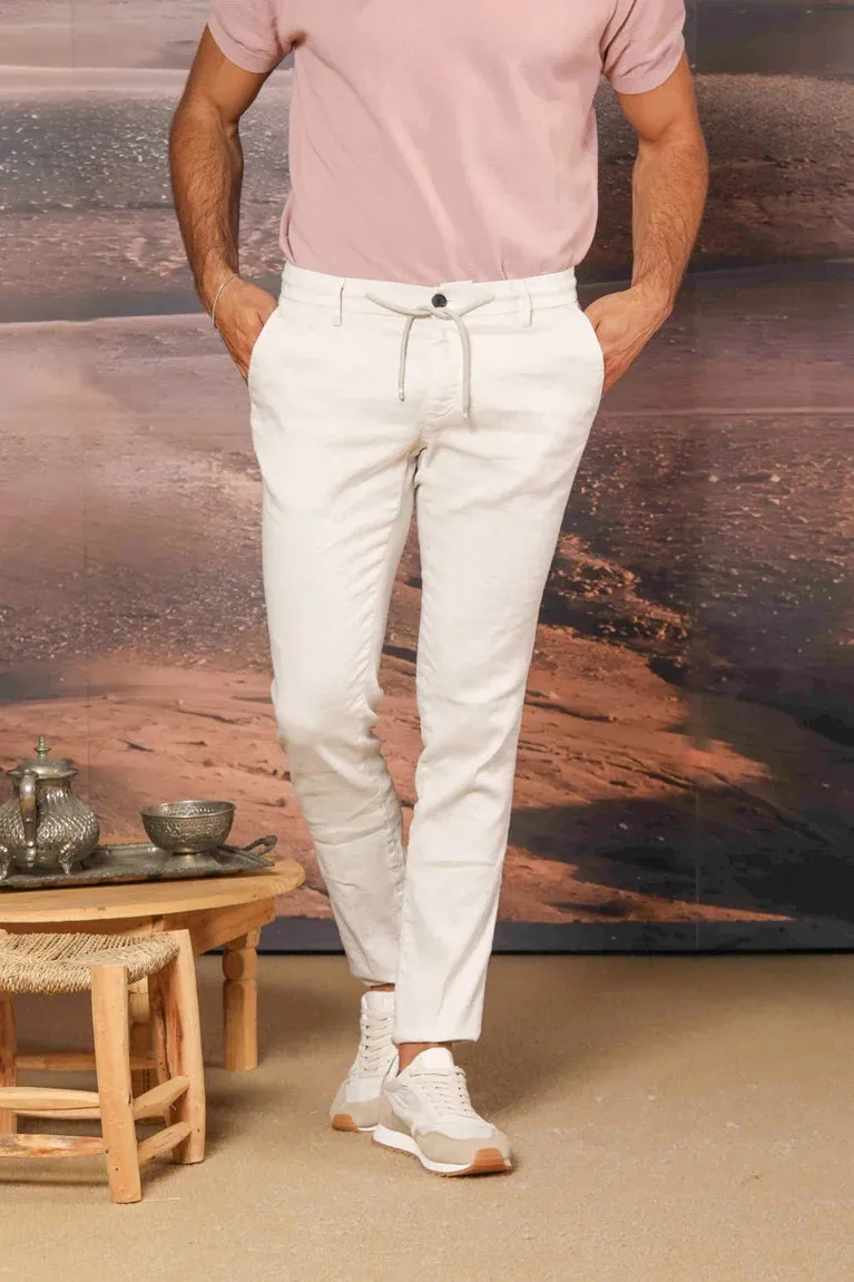 Men's Off-White Cotton and Linen Twill Elastic Waist Slim Fit Trousers