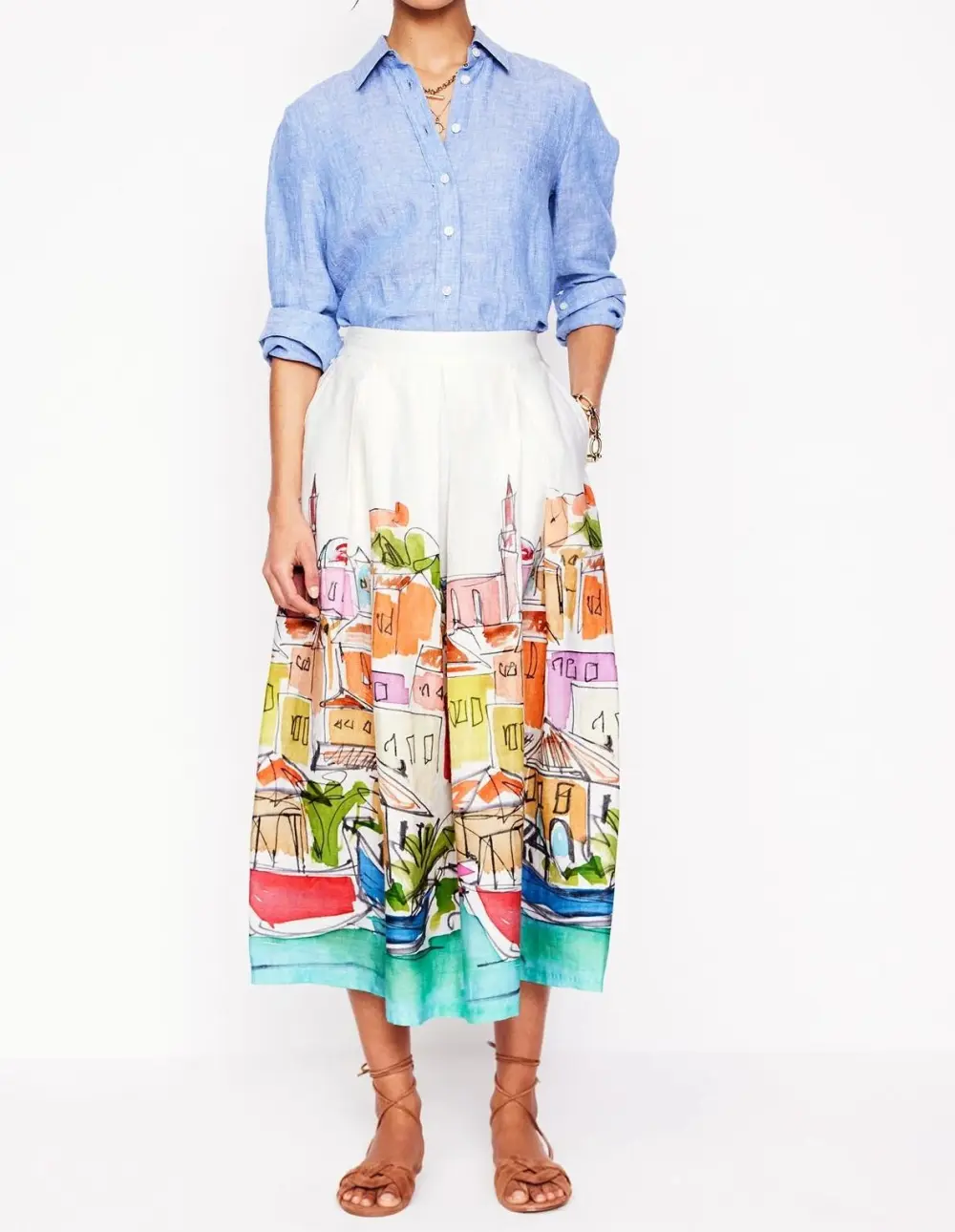 Multicolor Print Verity Linen Midi Skirt
