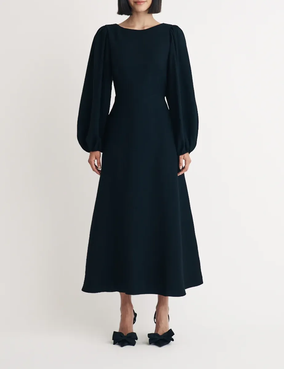 Black Backless Long Sleeve A-Line Midi Dress