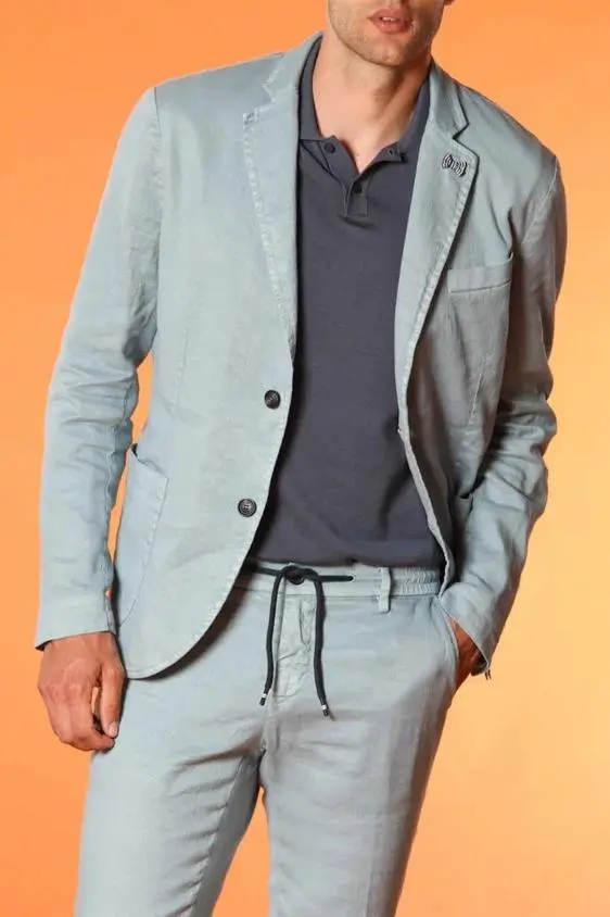 Light Blue Men's Cotton and Linen Twill Suit Jacket