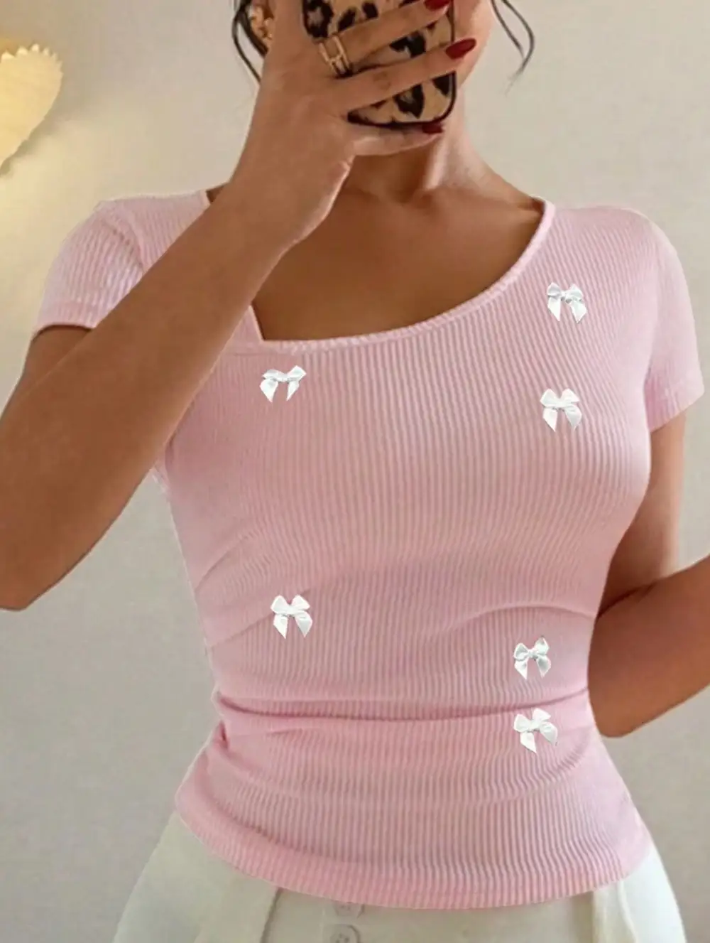 Bow One Shoulder Slim-Fit T-Shirt