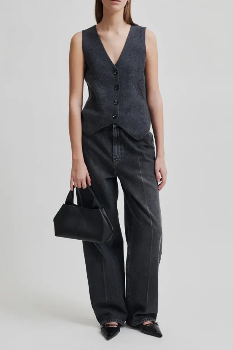 Grey V-Neck Buttoned Knit Waistcoats