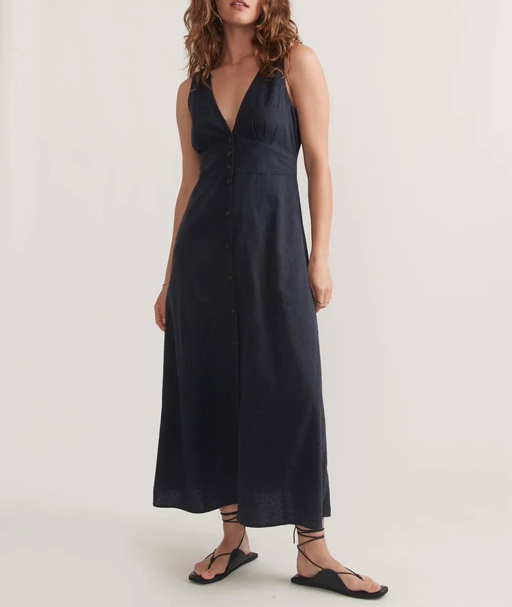 Navy Button-Down Sleeveless Midi Dress