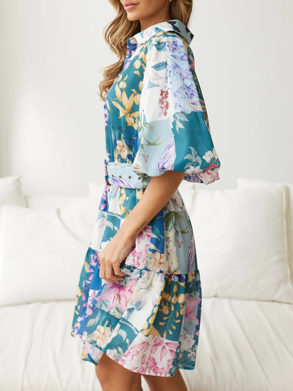 Short Balloon Sleeves Navy Print Dress