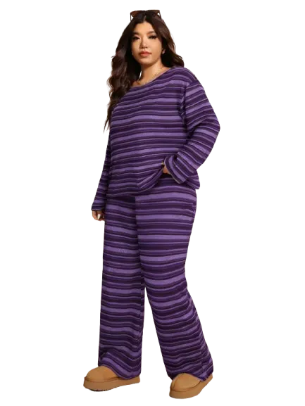 Plus Size Women's Winter Off-Shoulder Striped 2pc Set