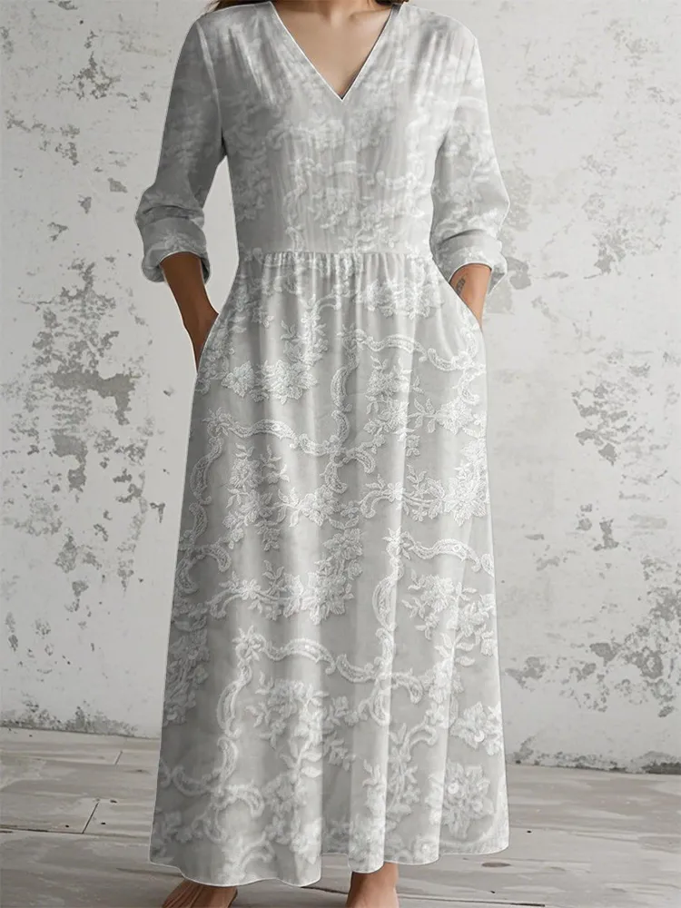 Floral Print Long-Sleeve V-Neck Dress
