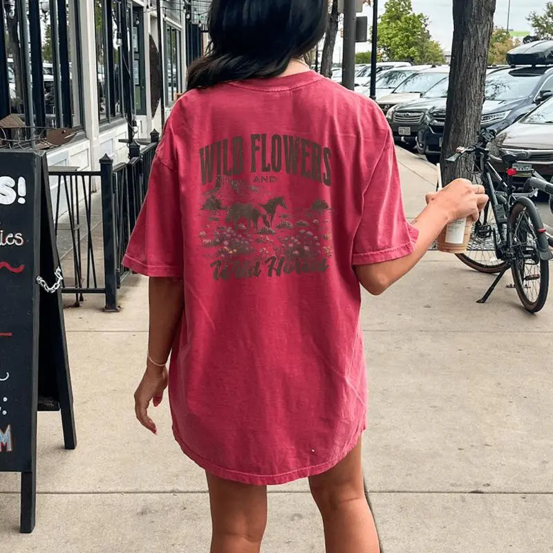Wild Horses Wildflowers Western Cowgirl On Horse Cowboy Women's Oversized Comfort T-Shirt Back Print
