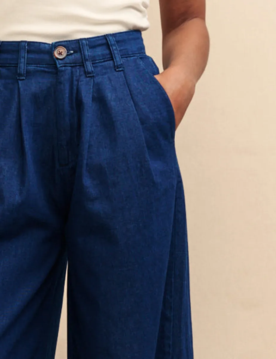 Dark Denim Double Pleat Wide Leg Jean