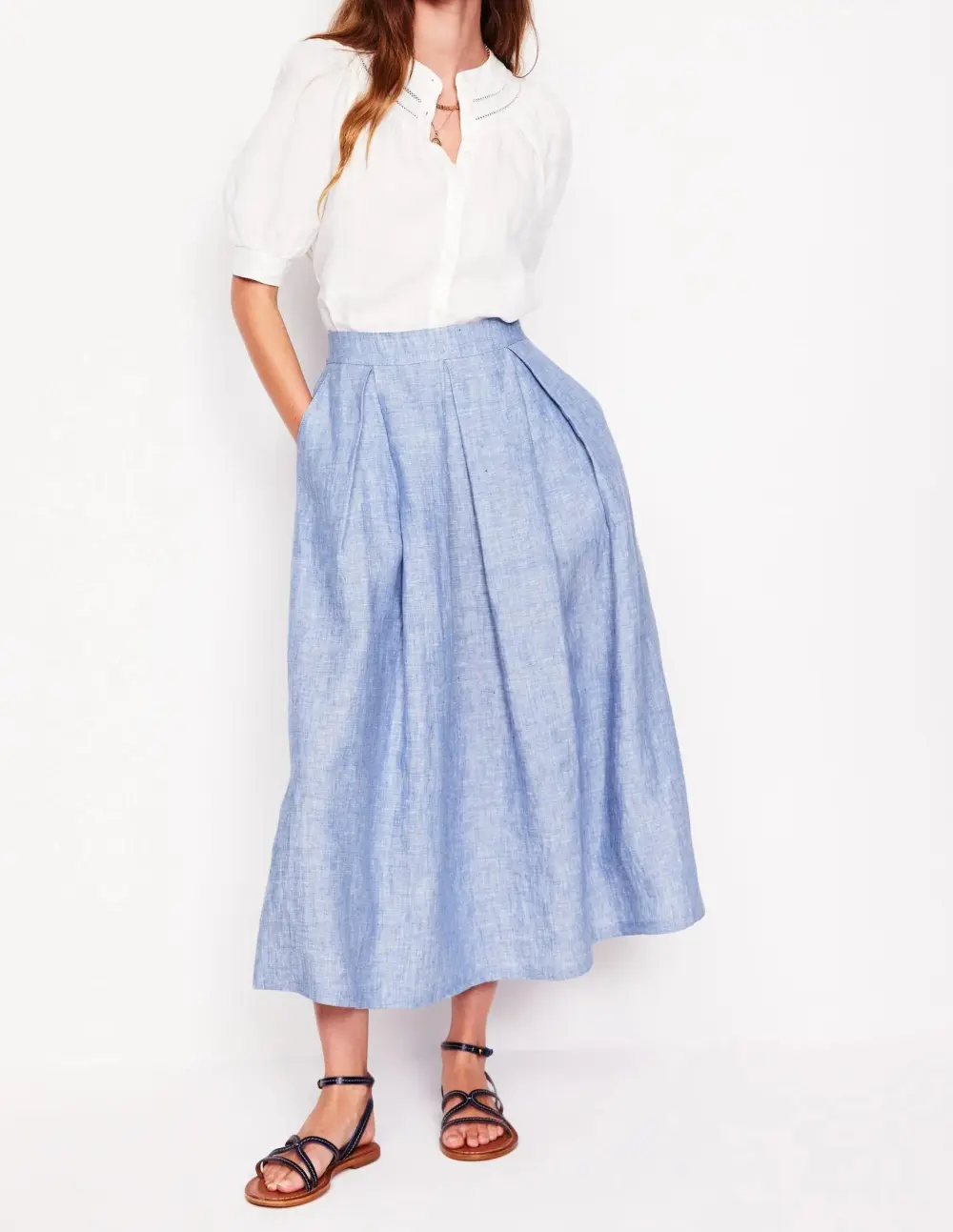 Light Blue Denim Pleated Midi Skirt