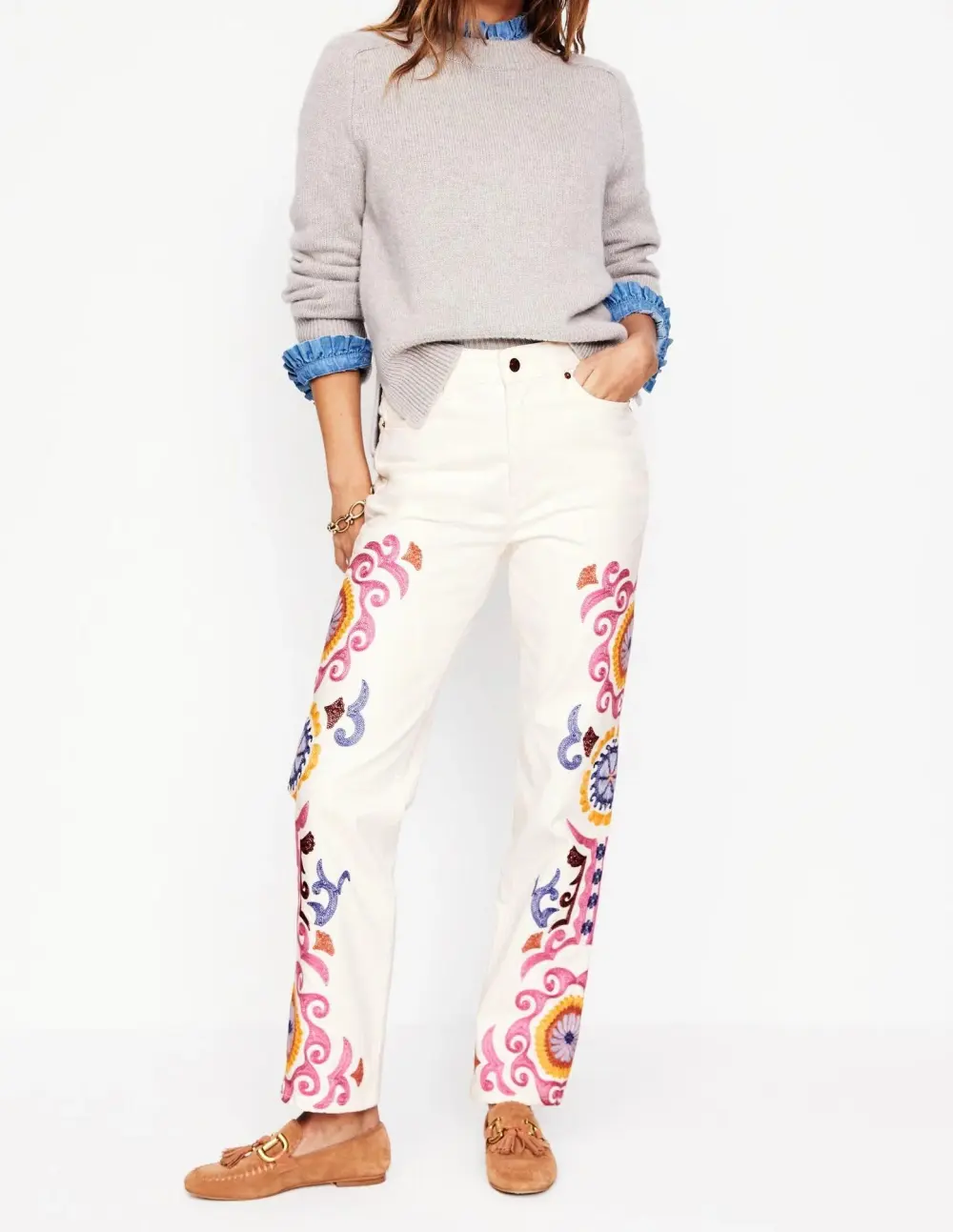 White Embroidered - Detail Wide - Leg Jeans