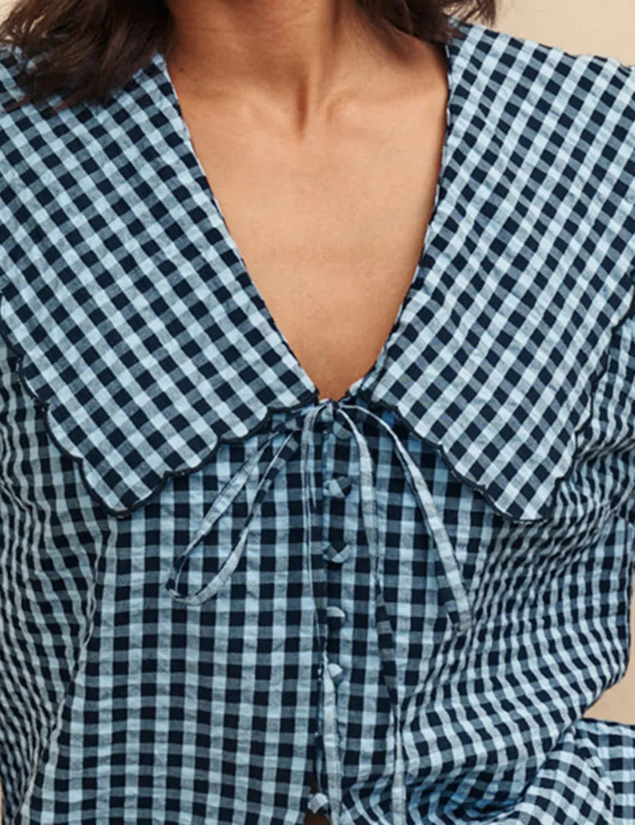 Blue Gingham Bow Front Blouse