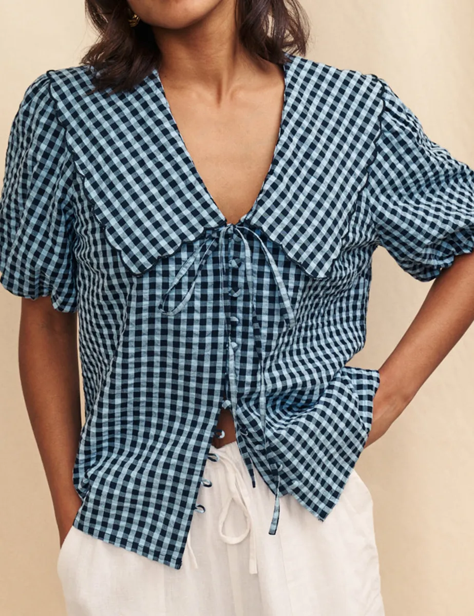 Blue Gingham Bow Front Blouse