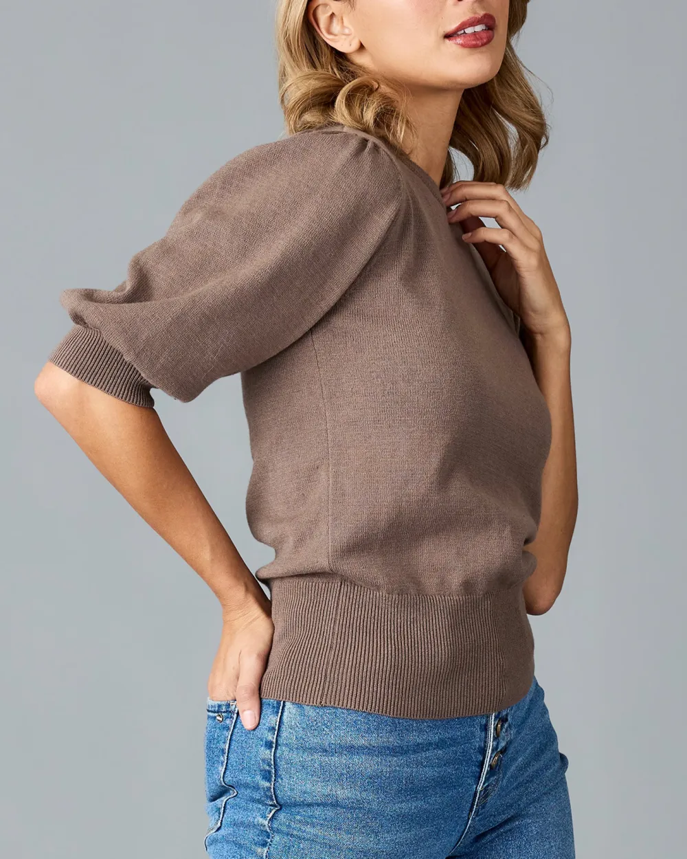 Puff Style Long Sleeves Brown Sweater