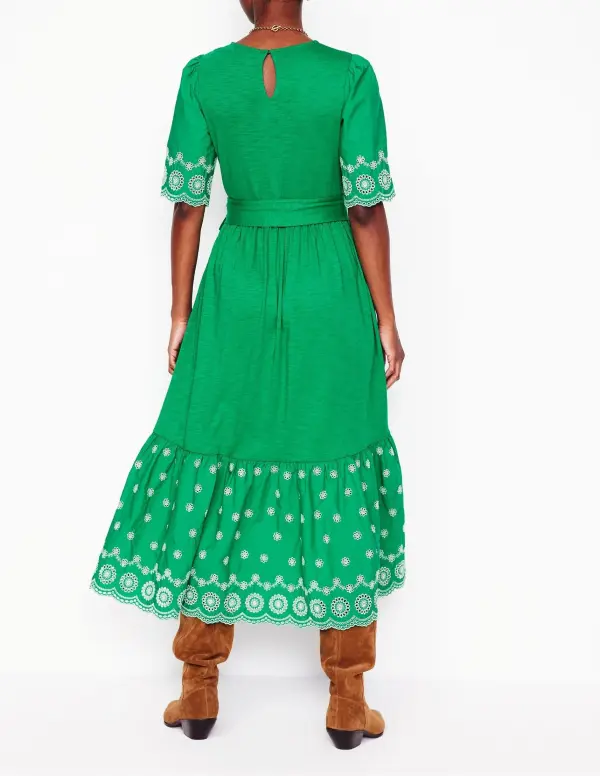 Emerald Green Embroidered - Hem Midi Dress
