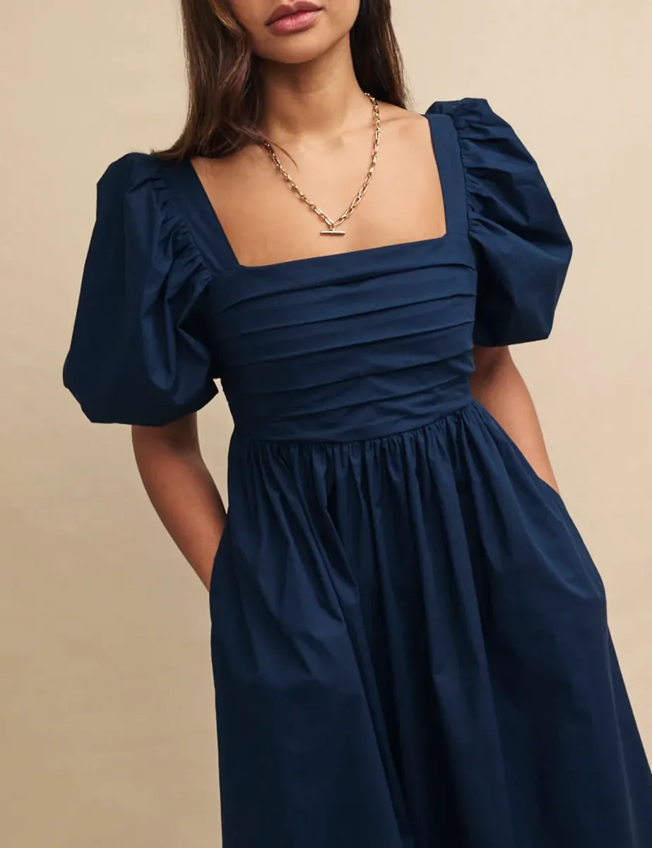 Navy Blue Ruched Bodice Midi Dress