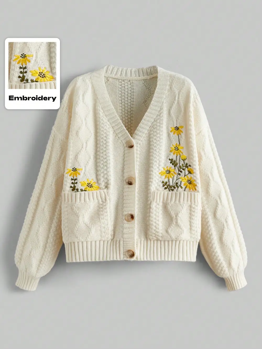 Button-Front Floral Embroidered Collegiate Cardigan
