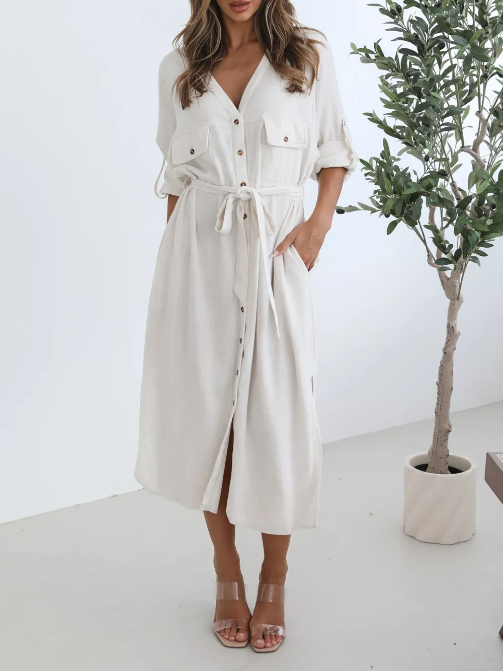 Oat Casual Style  V Neckline Dress