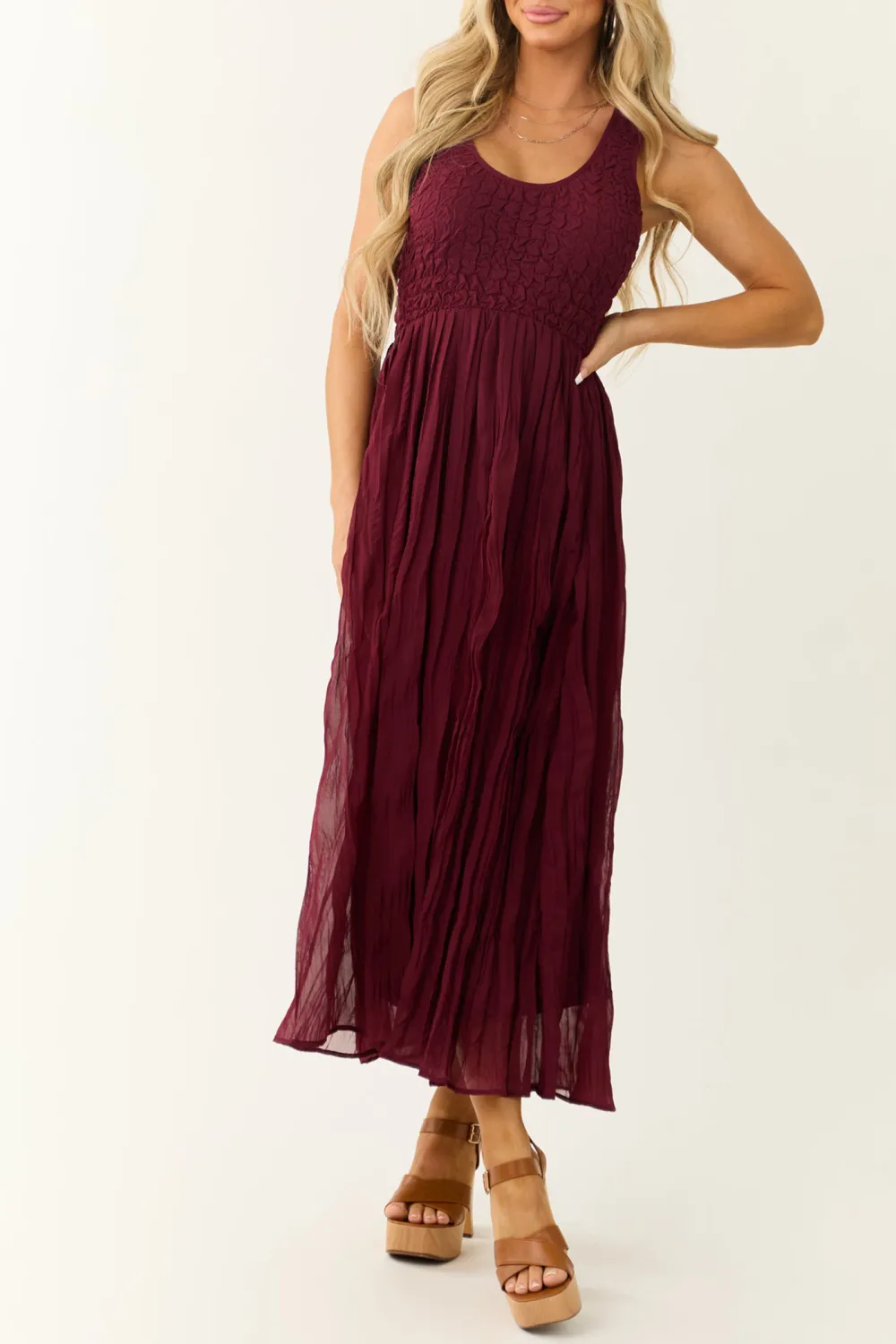 Wine Sleeveless Smocked Scoop Neck Maxi Dress