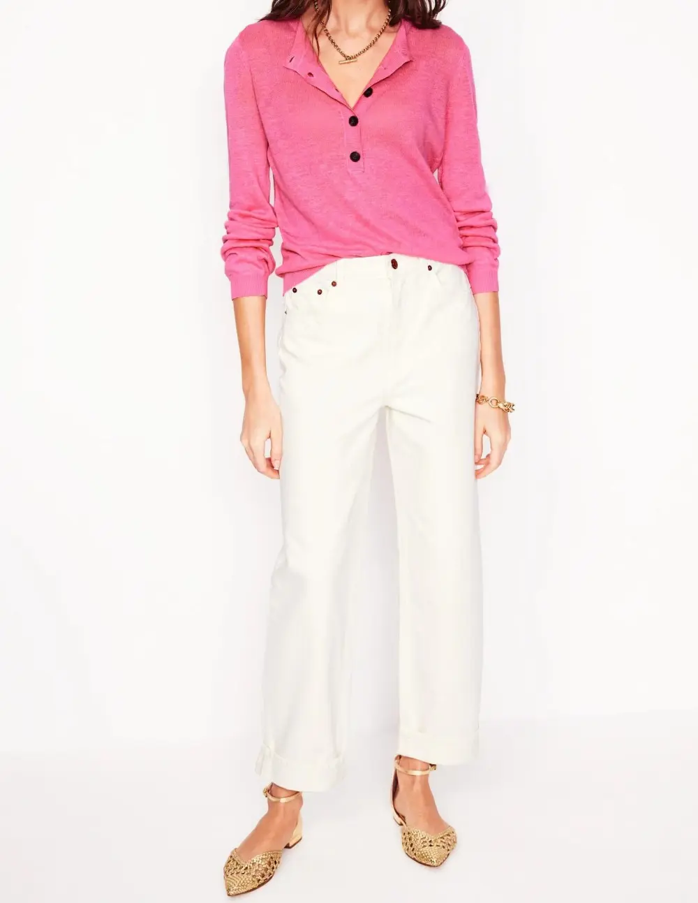 Bright Pink Henley - Style Linen Sweater