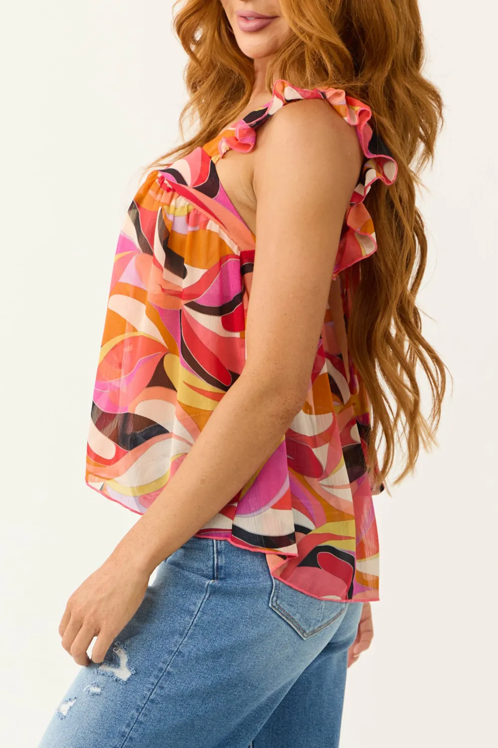 Red Multicolor Abstract Print Babydoll Blouse