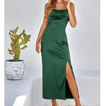 Spaghetti Strap Cowl Neck Split Midi Slit Dress