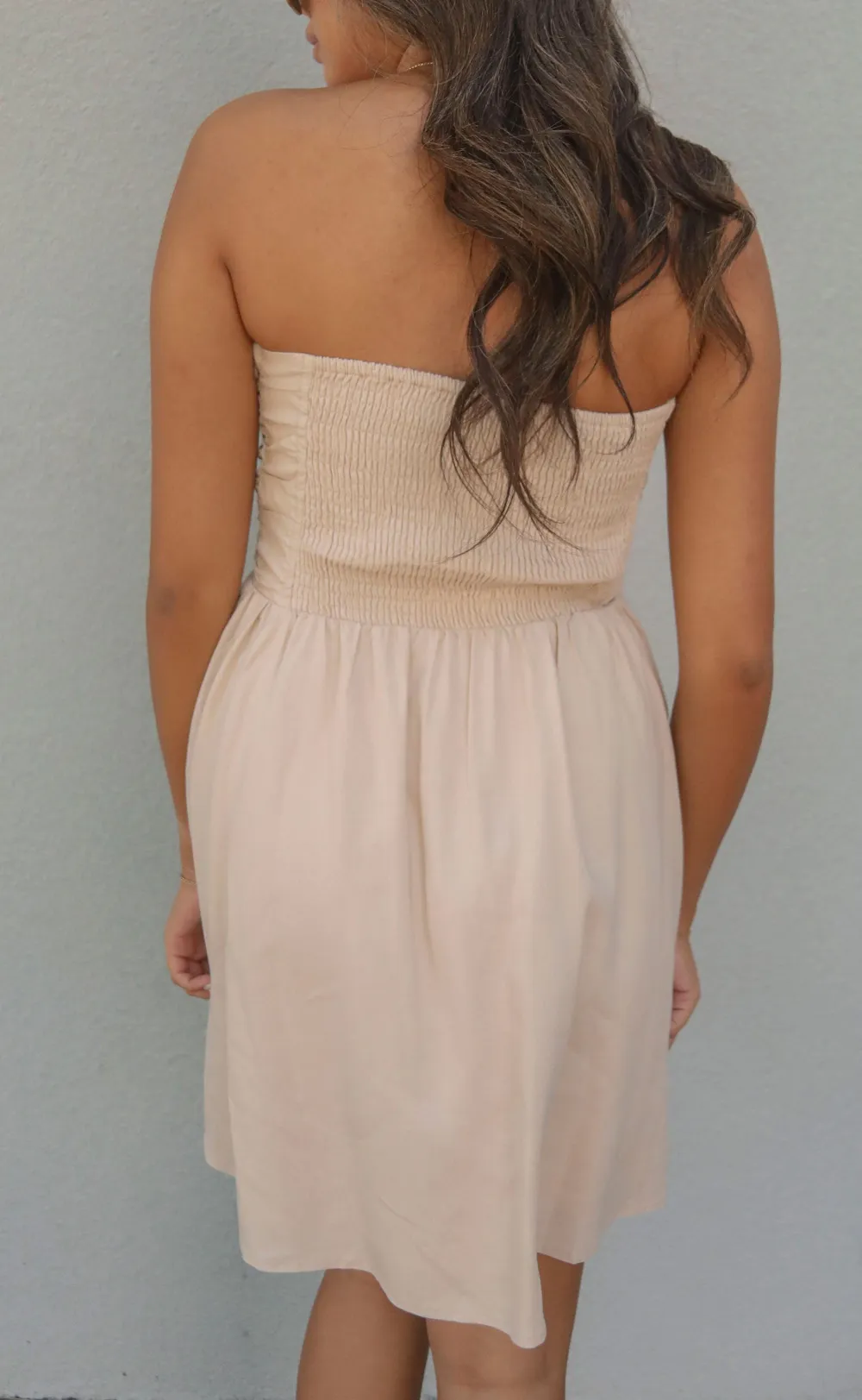 Beige Strapless Ruched Mini Dress