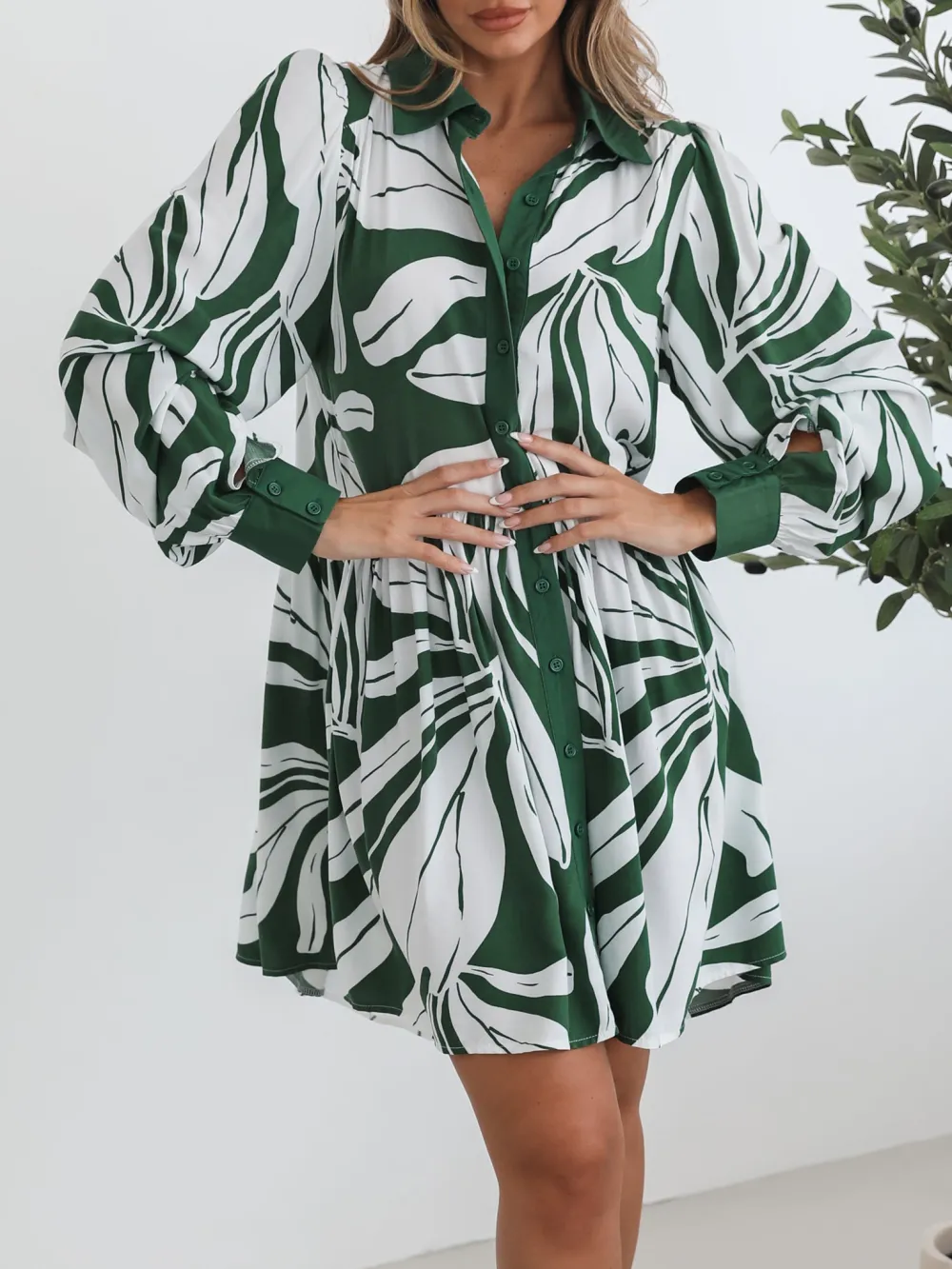 Long Sleeve Green Print Dress