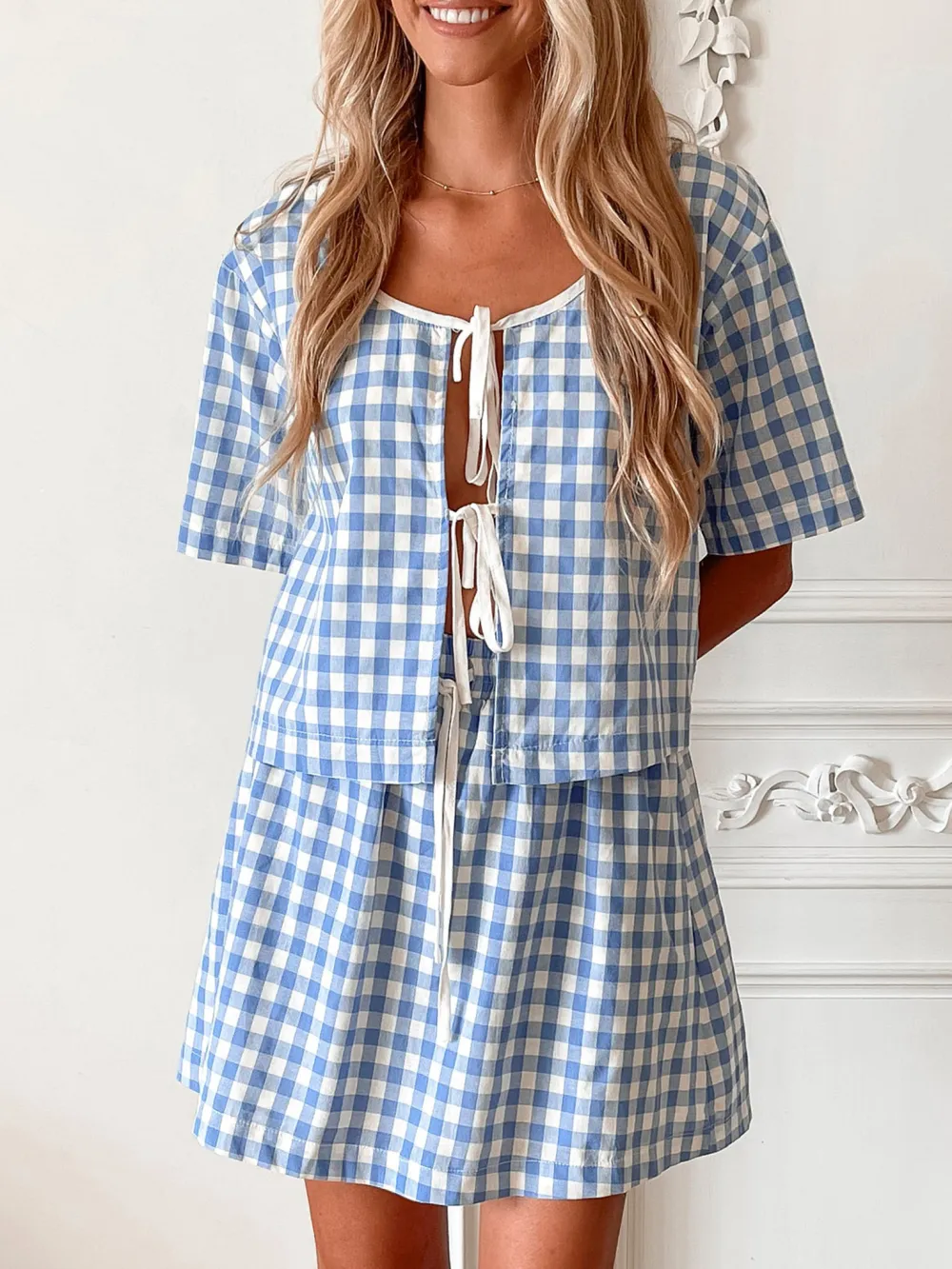 Blue Short Sleeve Plaid Top