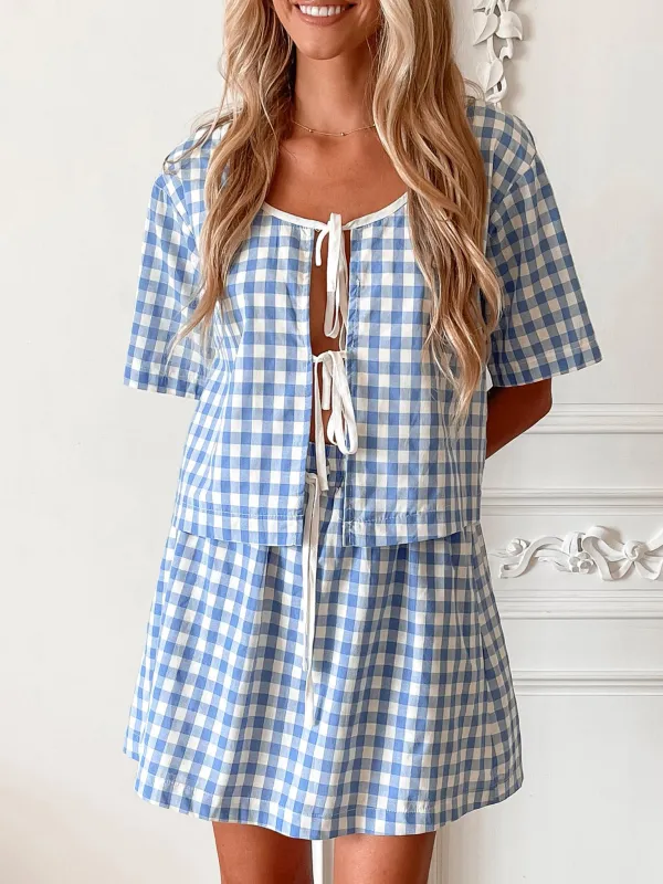 Blue Short Sleeve Plaid Top