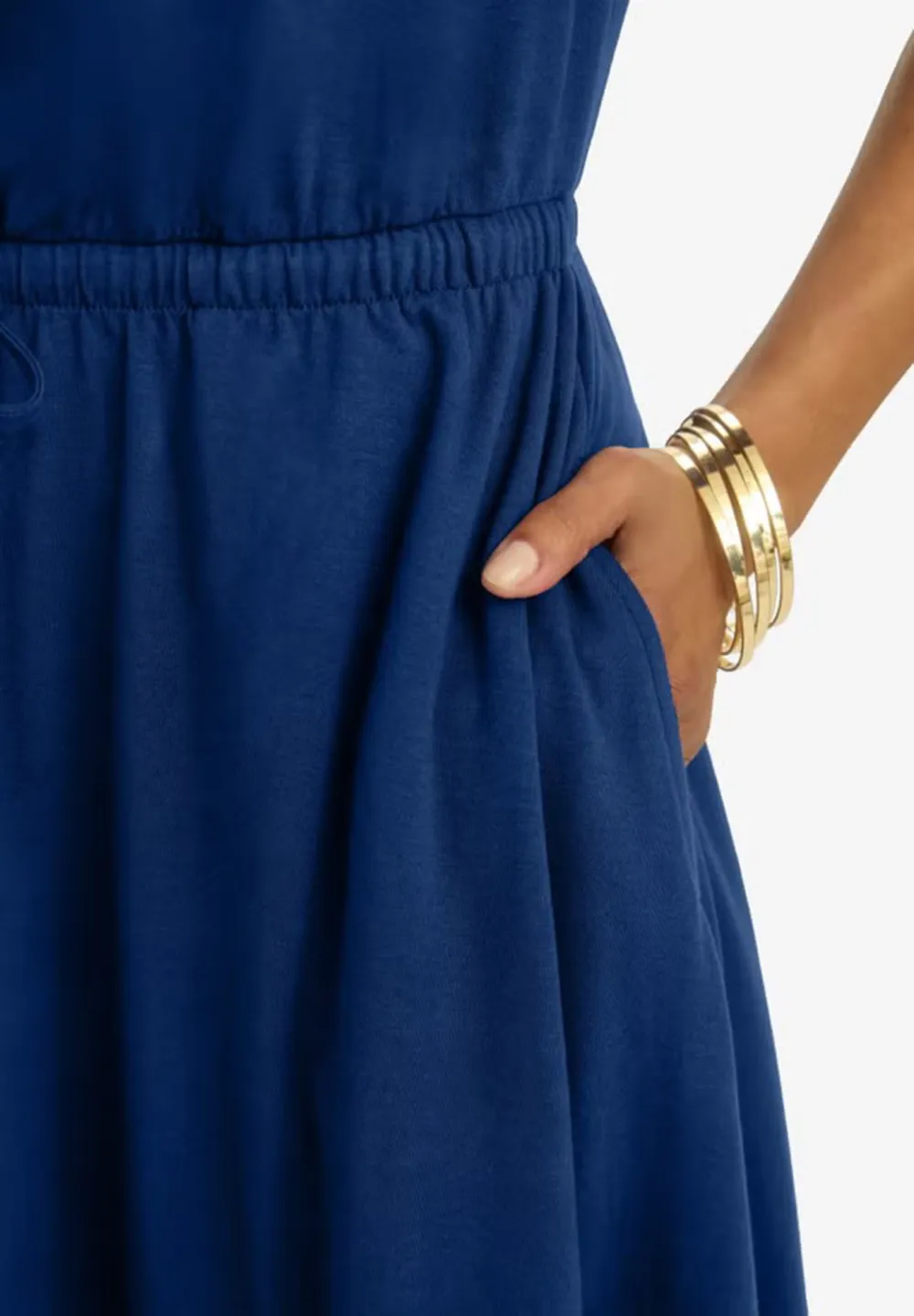 Solid Color Waist Cinched Round Neck Dress