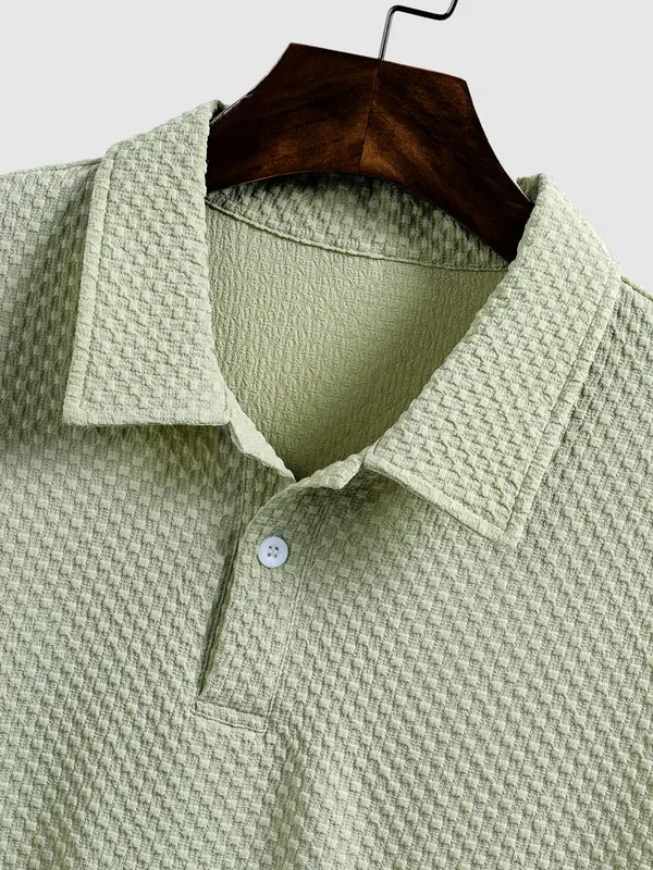 Men'S Solid Color Textured Lapel Polo Casual Shorts Set