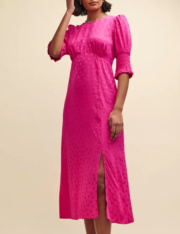 Pink Satin Jacquard Pattern Midi Dress