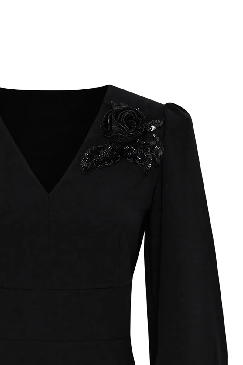 Black Puff Sleeve V-Neck Midi Dresses