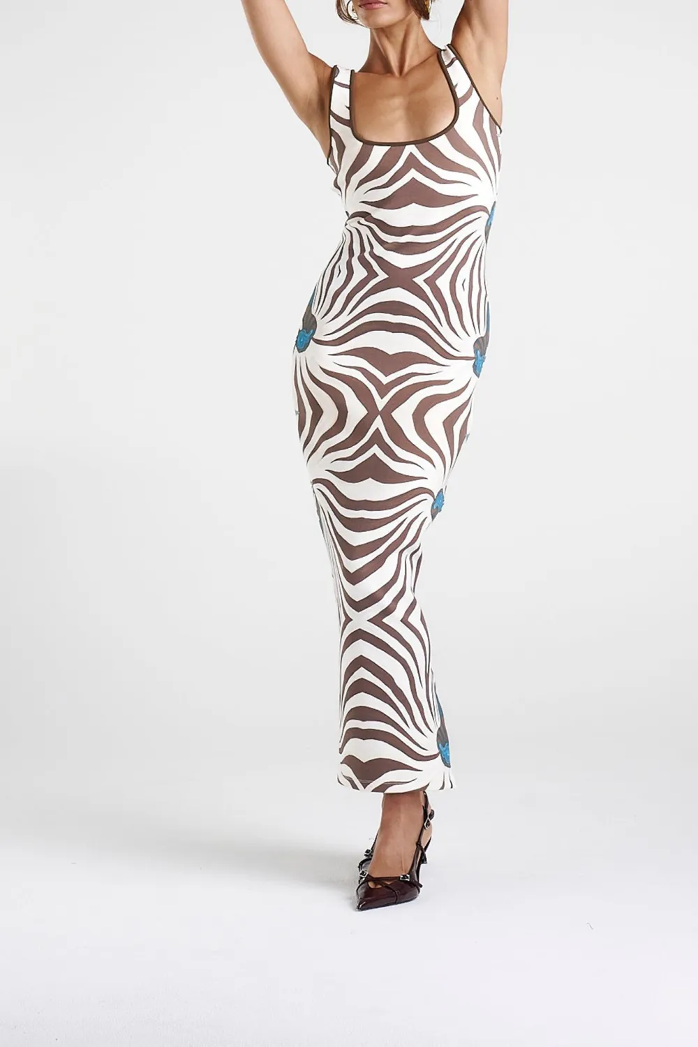 Brown Low-Neck Slimming Zebra-Print  Dresses