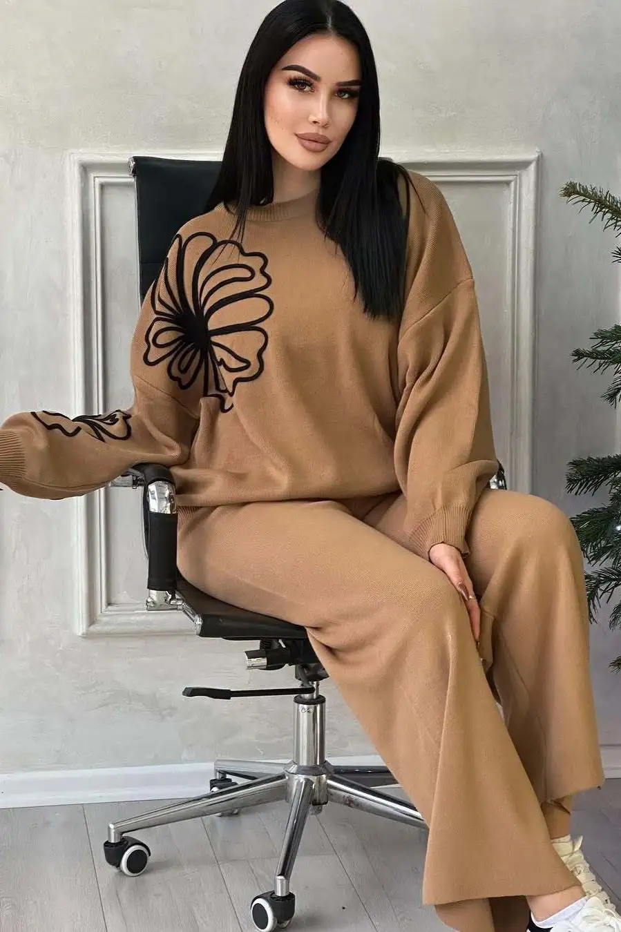 Casual Round Neck Knit Sweater with Pants Two Piece Pants Set