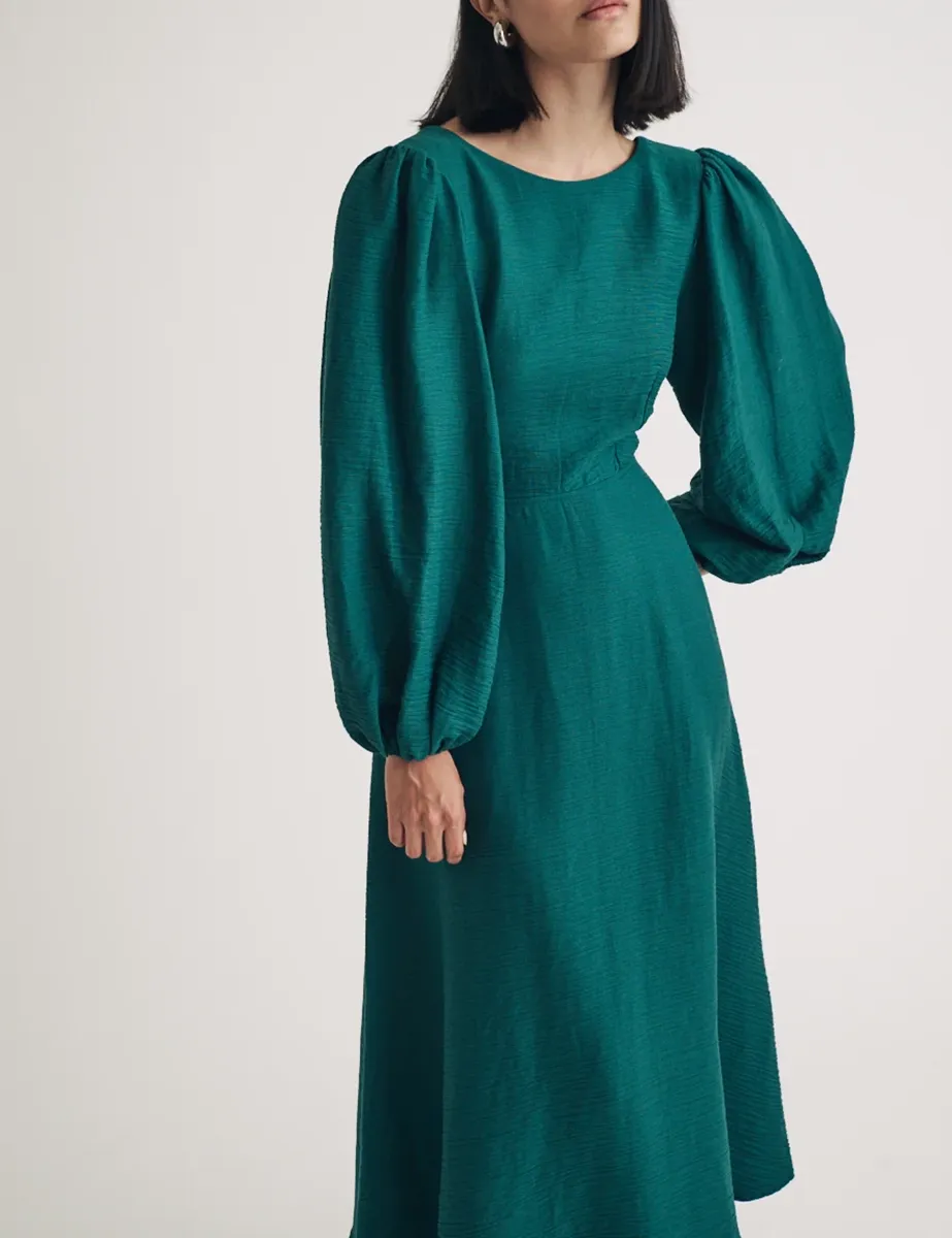 Emerald Green Balloon Sleeve Midi Dress