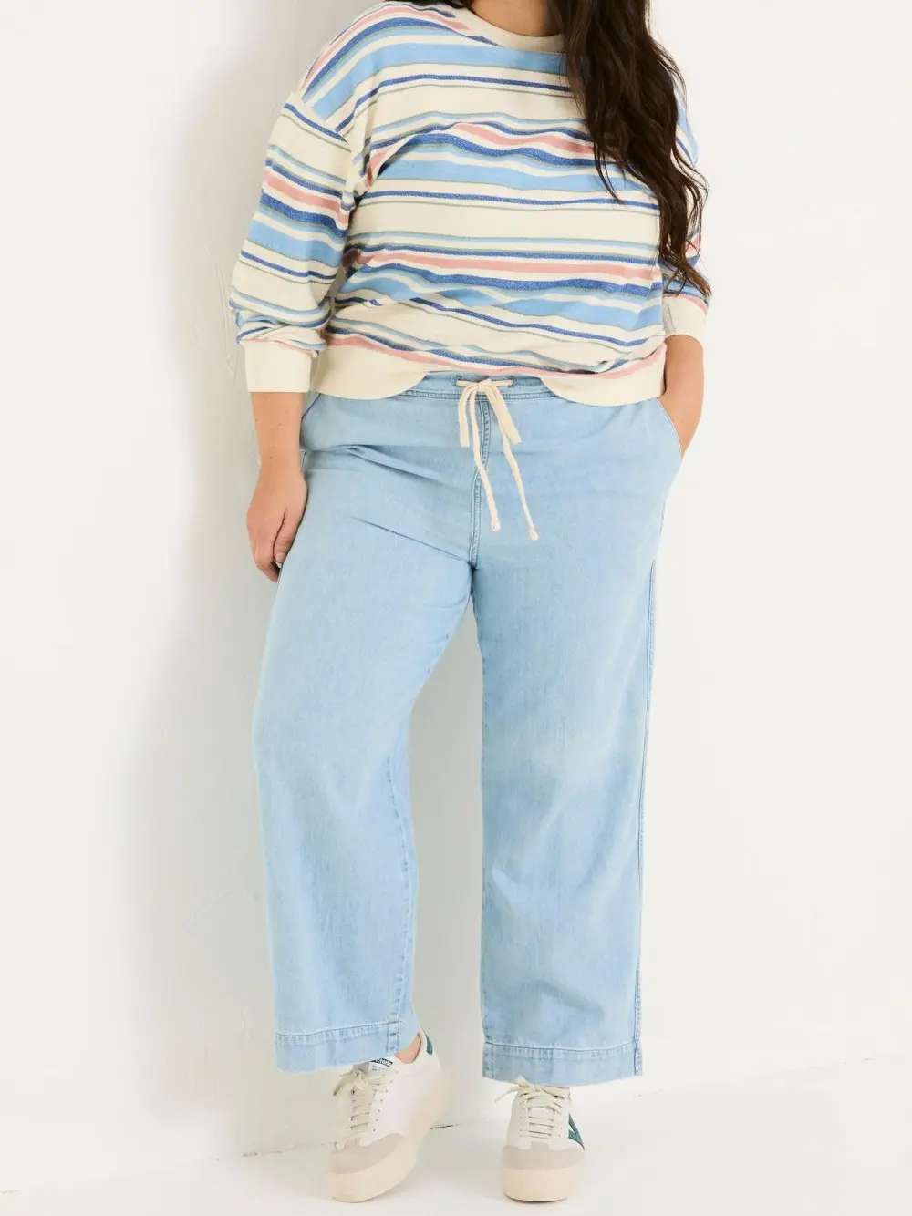 Light Blue Denim Straight Leg Drawstring Jeans