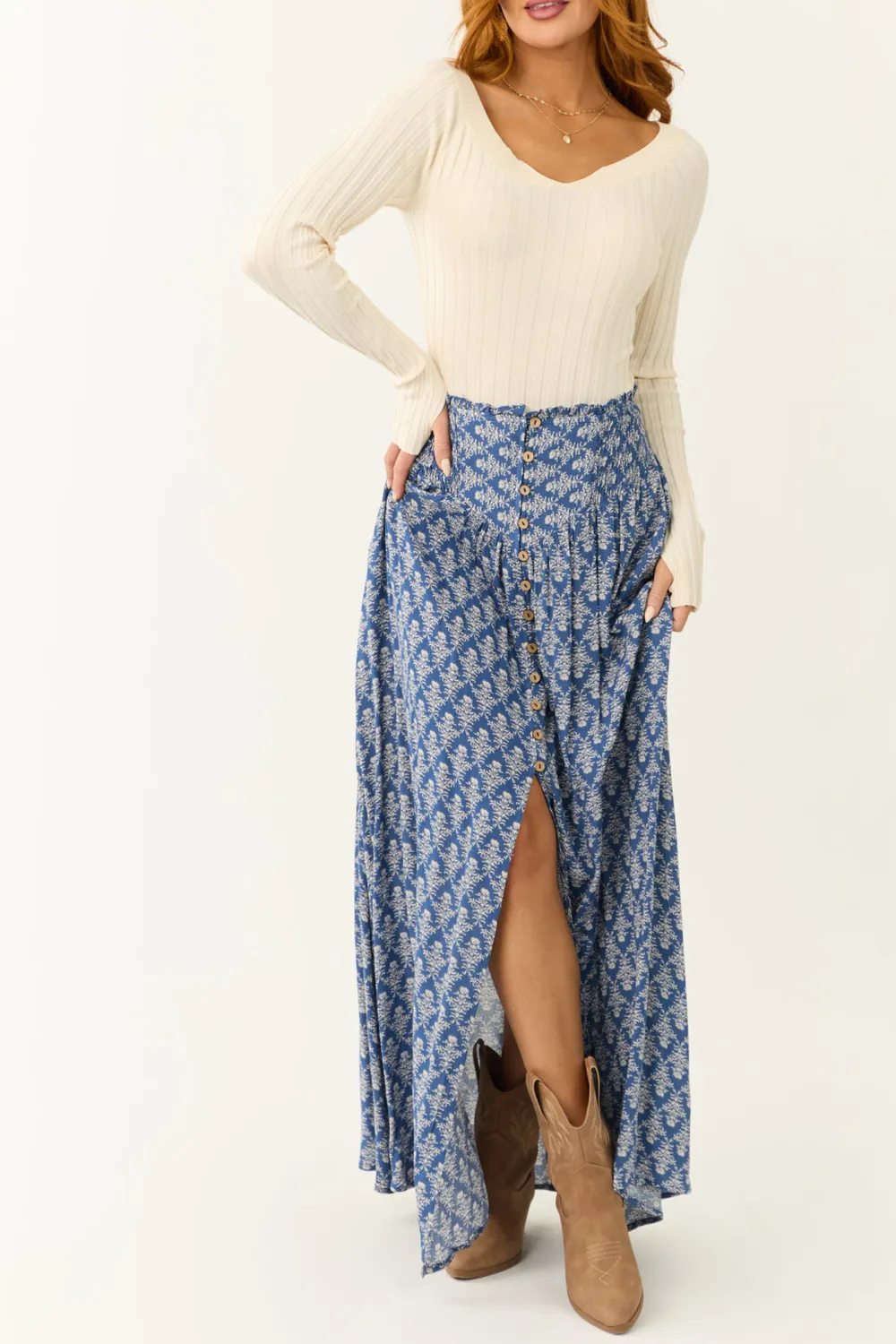 Dusty Blue Abstract Floral Print Maxi Skirt