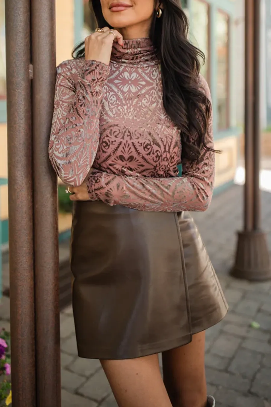 Mauve Velvet Printed Turtleneck Blouse