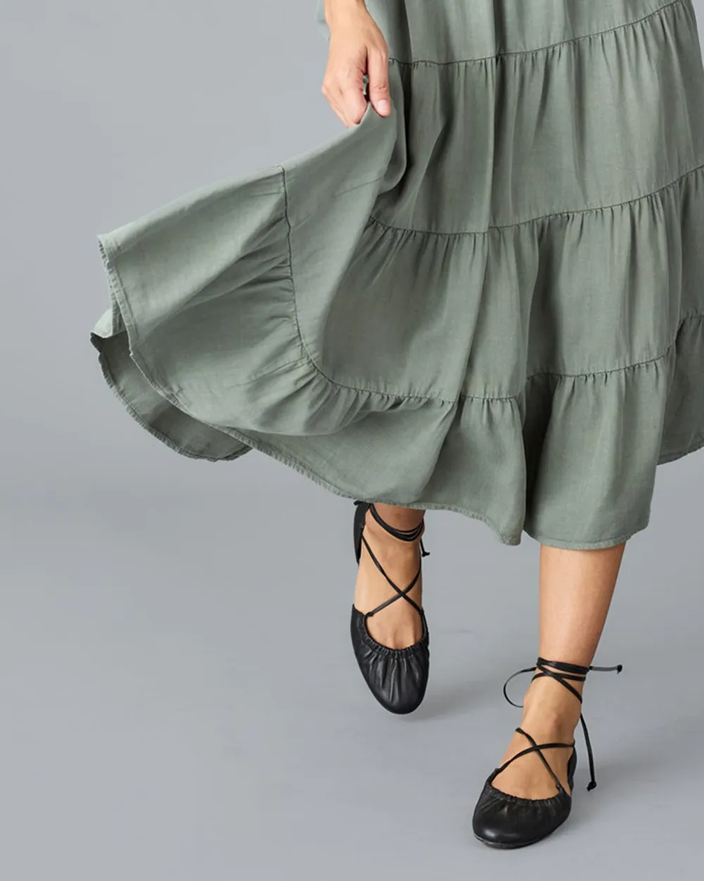 Olive Green Ruffled Midi Skirt
