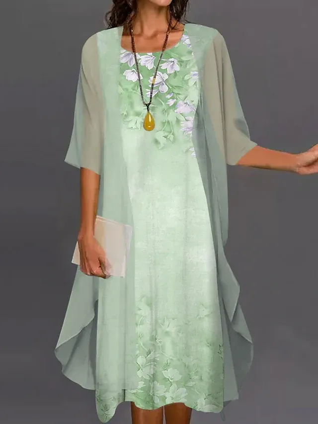 Round Neck Loose Casual Floral Print Loose Casual Suit Midi Dress