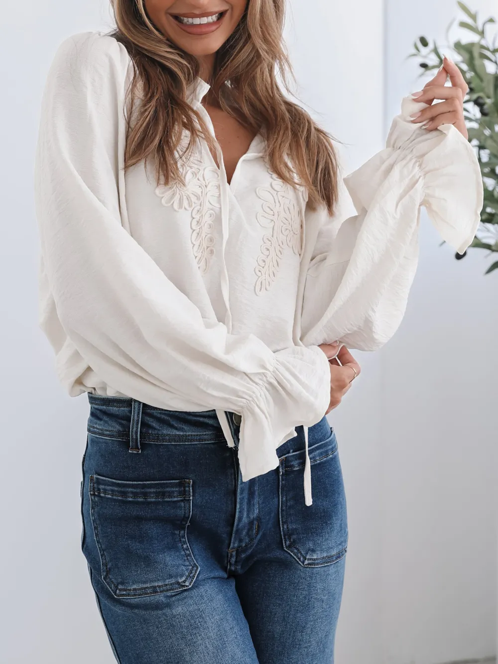 Long Sleeve Casual Style Cream Blouse