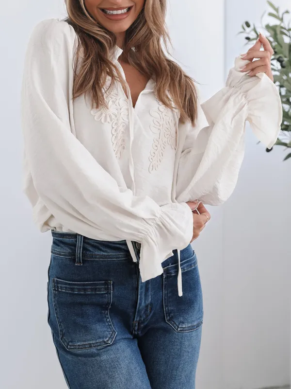 Long Sleeve Casual Style Cream Blouse