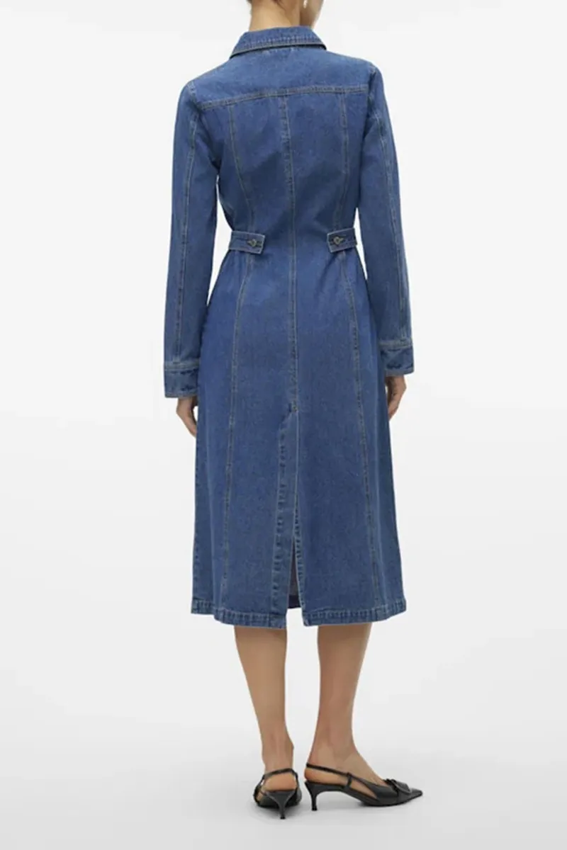 Denim Button Front Long Sleeve Dresses