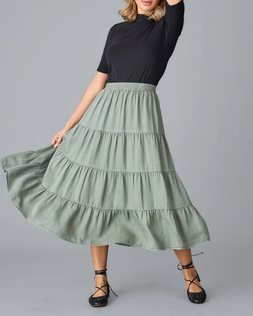 Olive Green Ruffled Midi Skirt