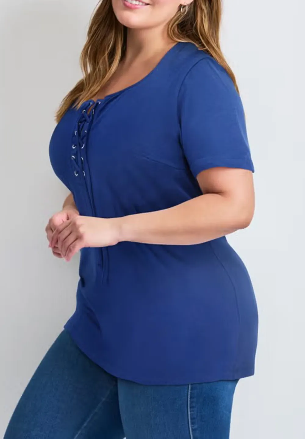 Solid Color Drawstring Front Placket T-Shirt