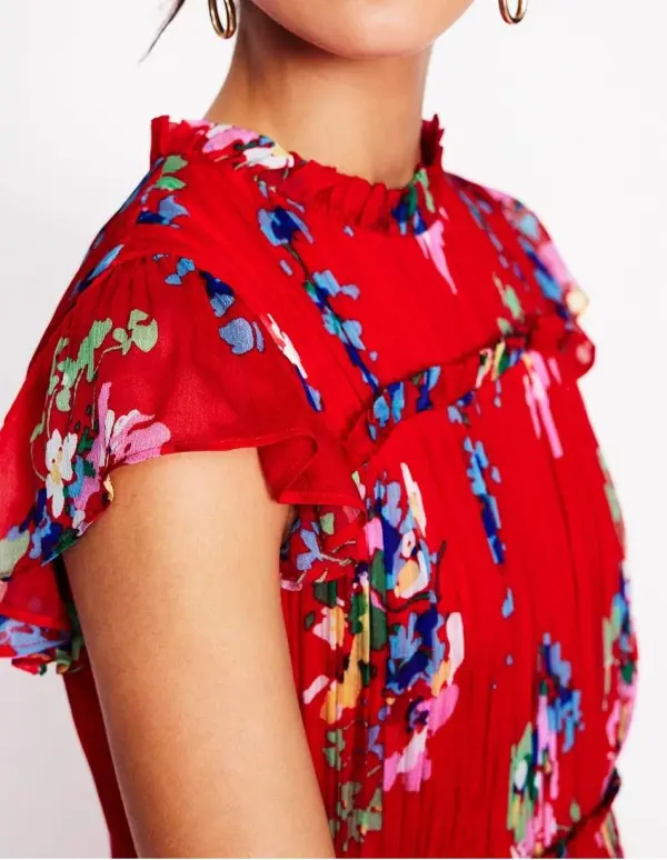 Red Floral High - Neck Midi Dress