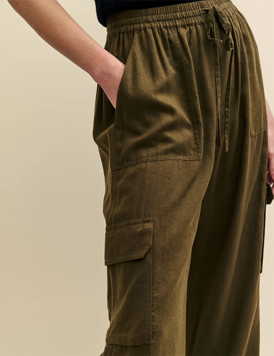 Khaki Green Linen-blend Wide Leg Utility Trousers